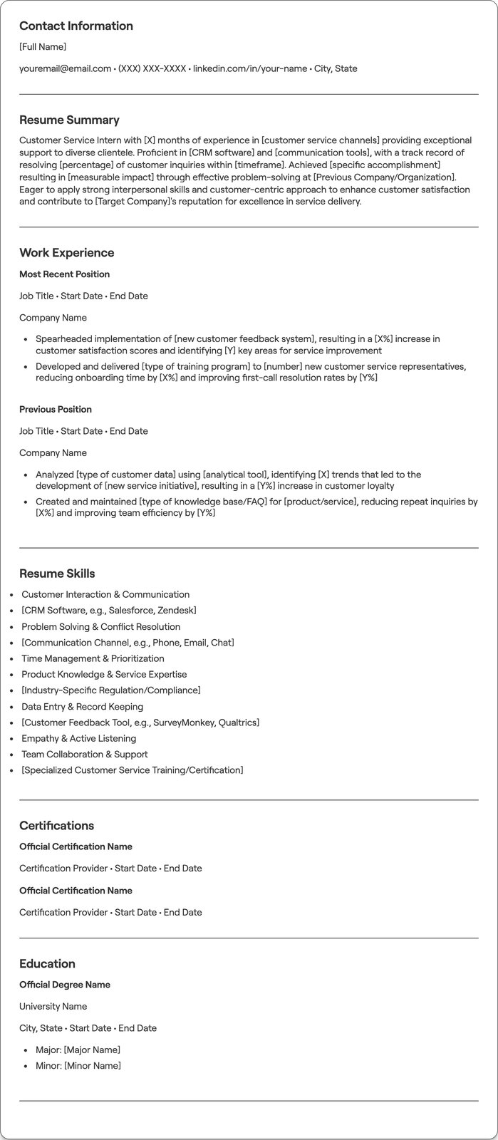 Customer Service Intern resume example