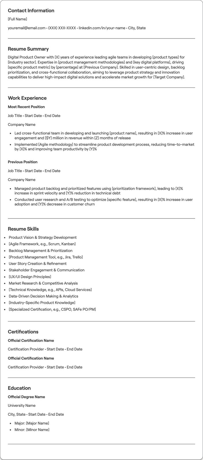 Digital Product Owner resume example