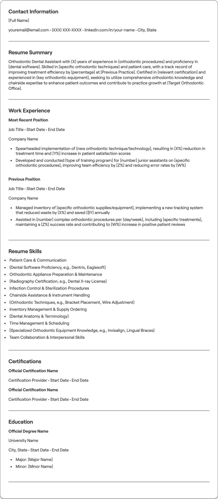 Orthodontic Dental Assistant resume example