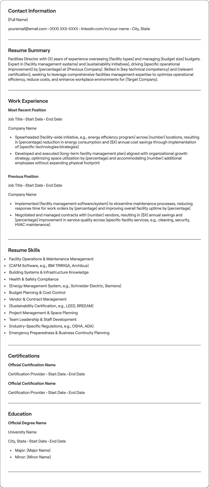 Facilities Director resume example