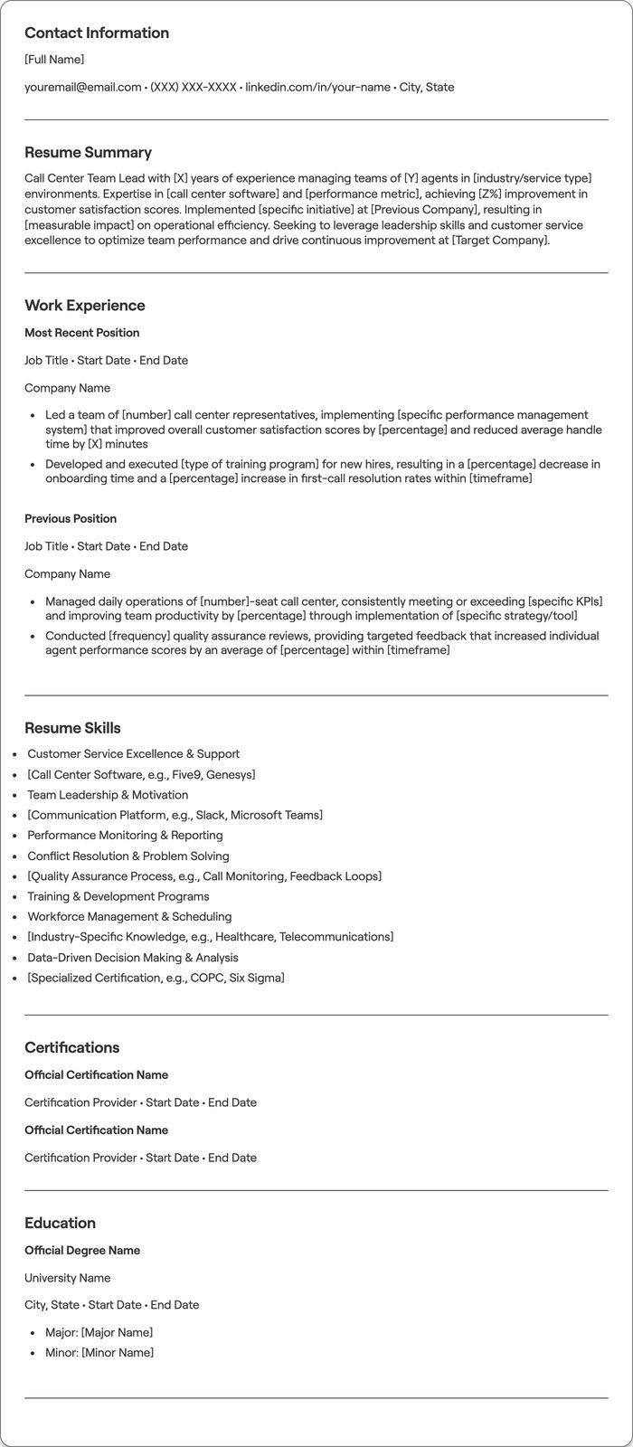 Call Center Team Lead resume example