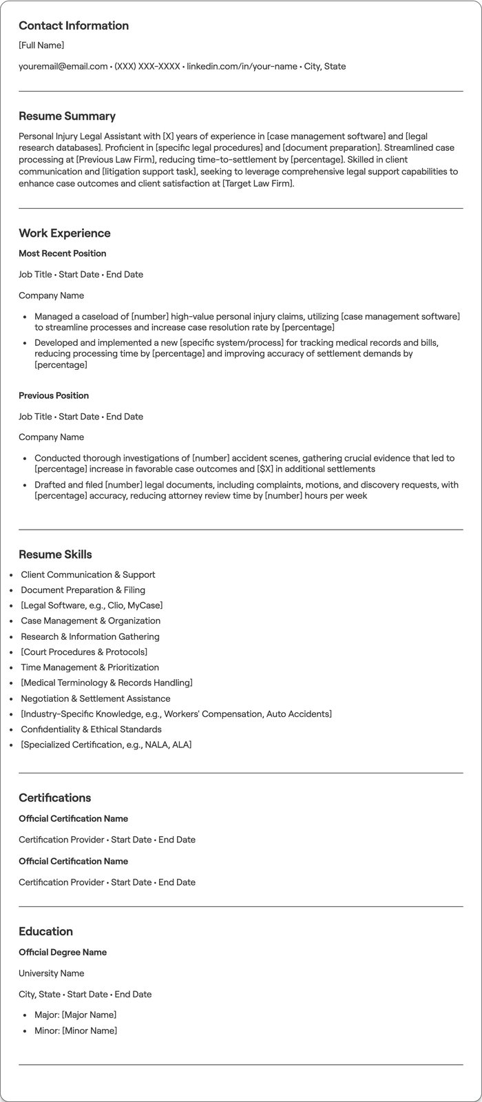 Personal Injury Legal Assistant resume example