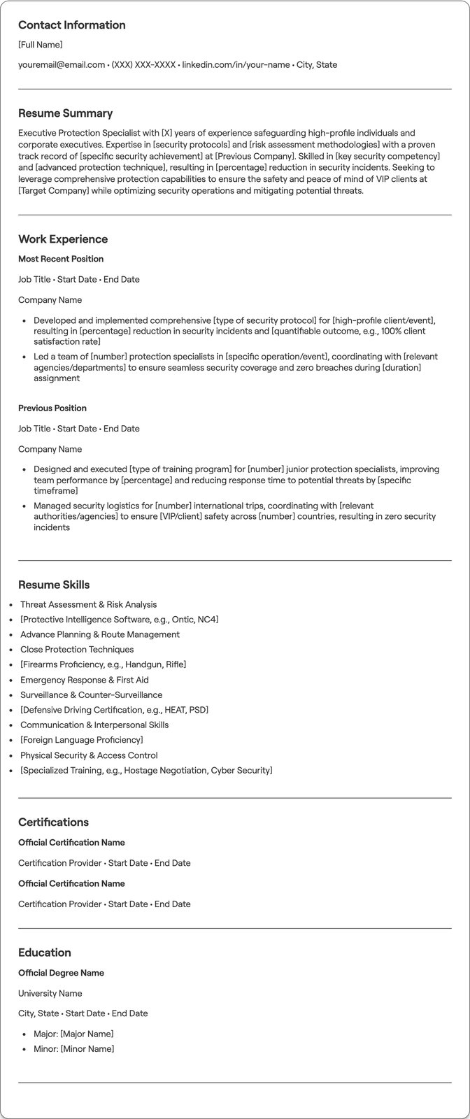 Executive Protection Specialist resume example