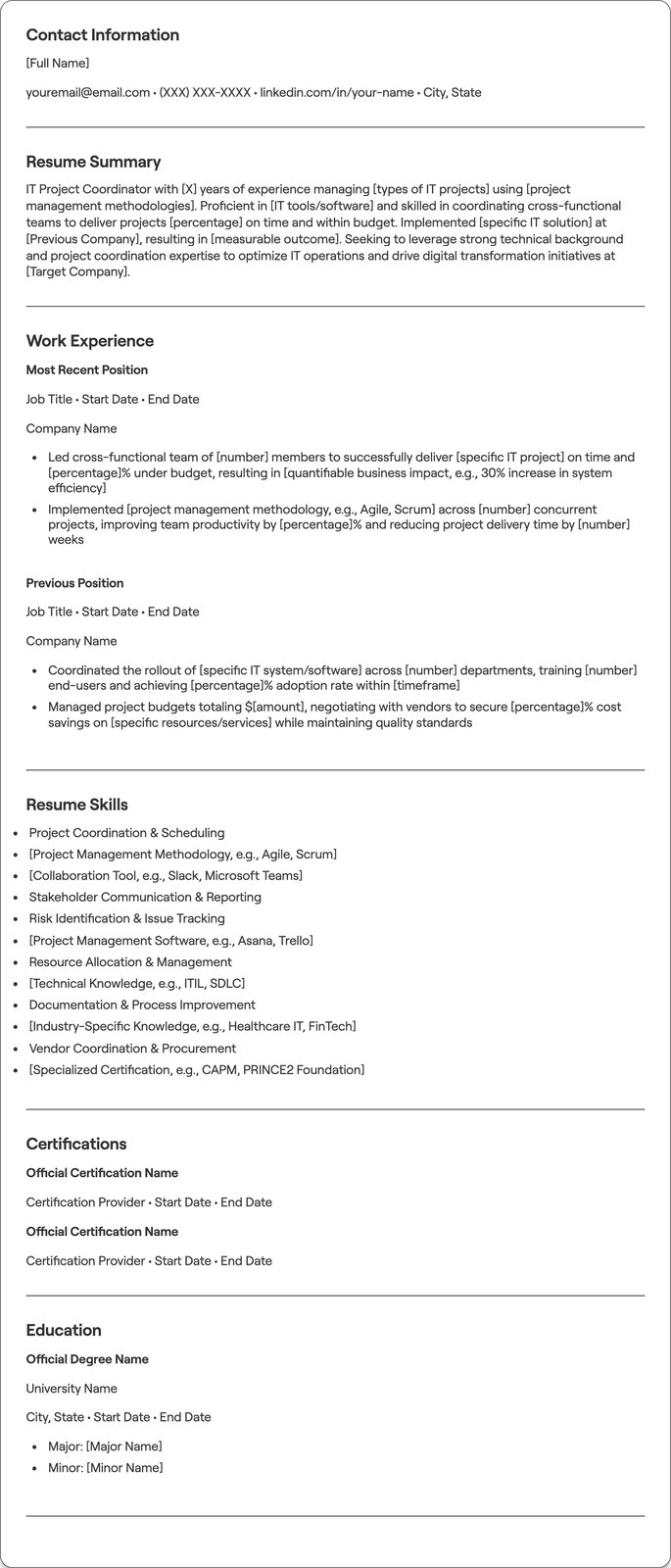 IT Project Coordinator resume example