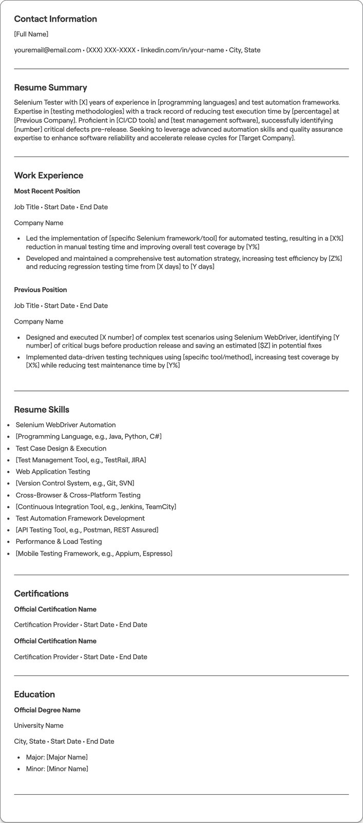 Selenium Tester resume example