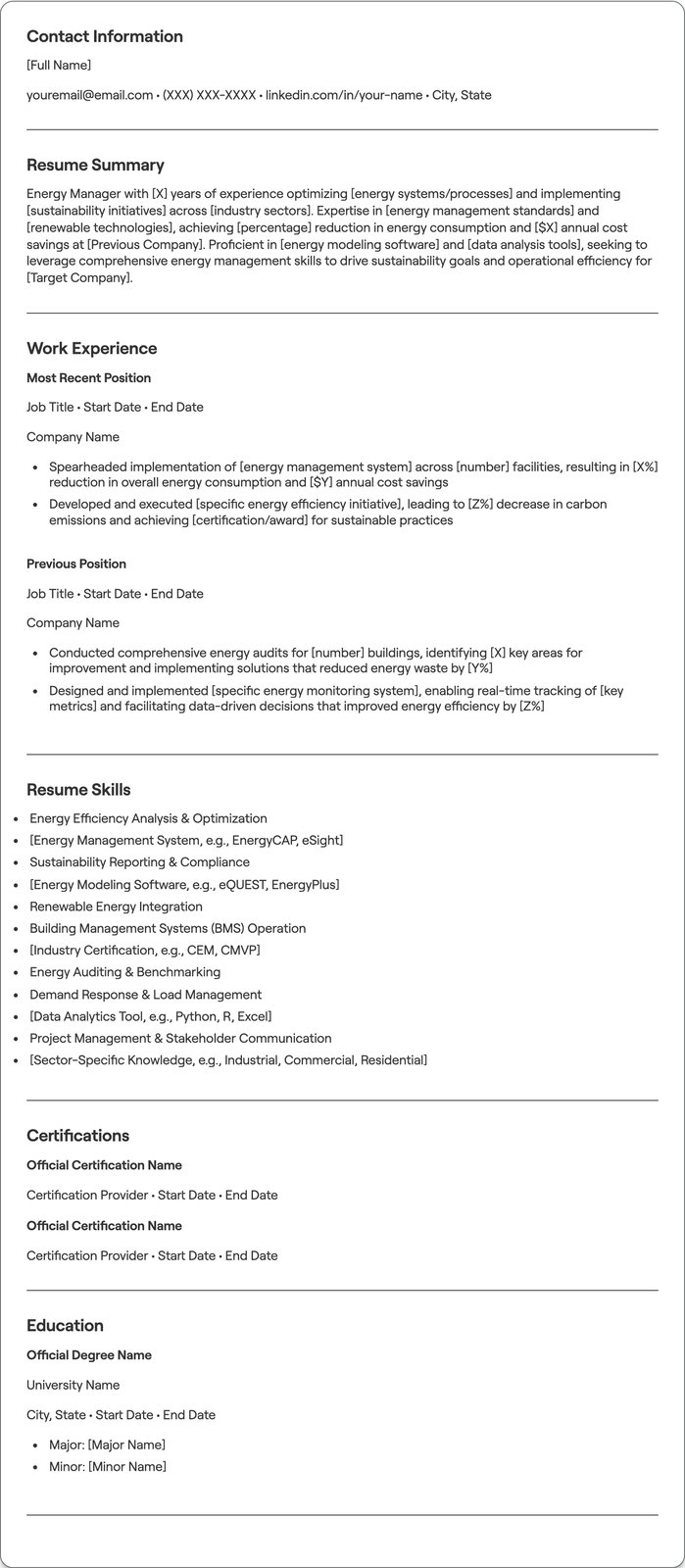 Energy Manager resume example