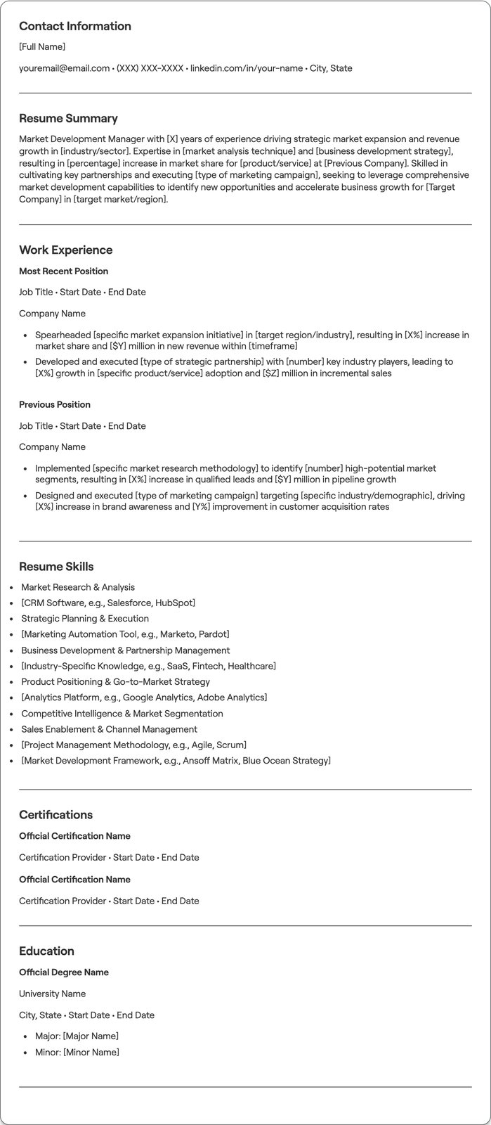 Market Development Manager resume example