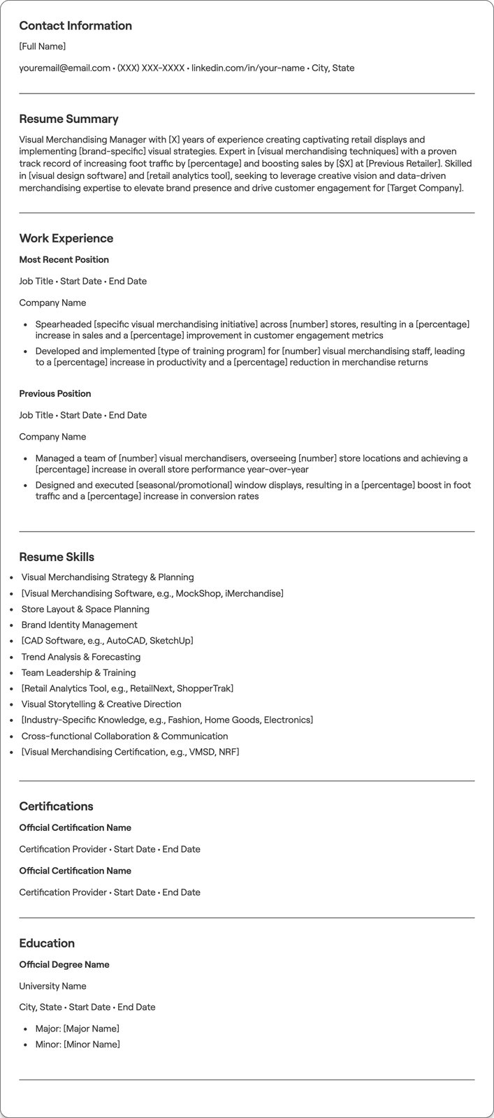 Visual Merchandising Manager resume example