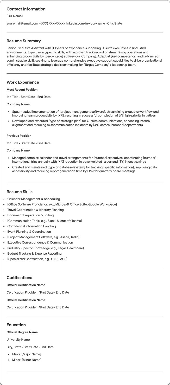 Senior Executive Assistant resume example