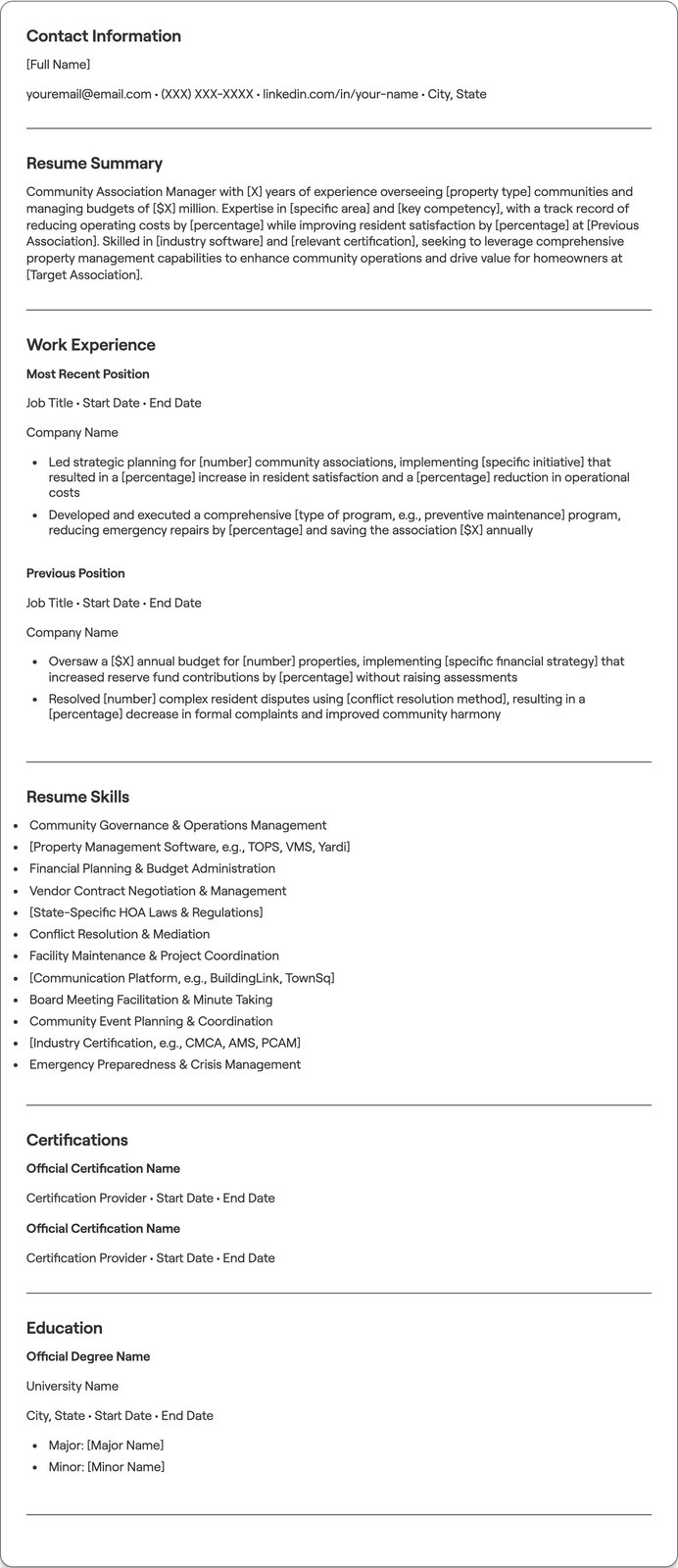 Community Association Manager resume example
