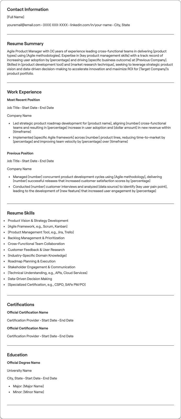 Agile Product Manager resume example