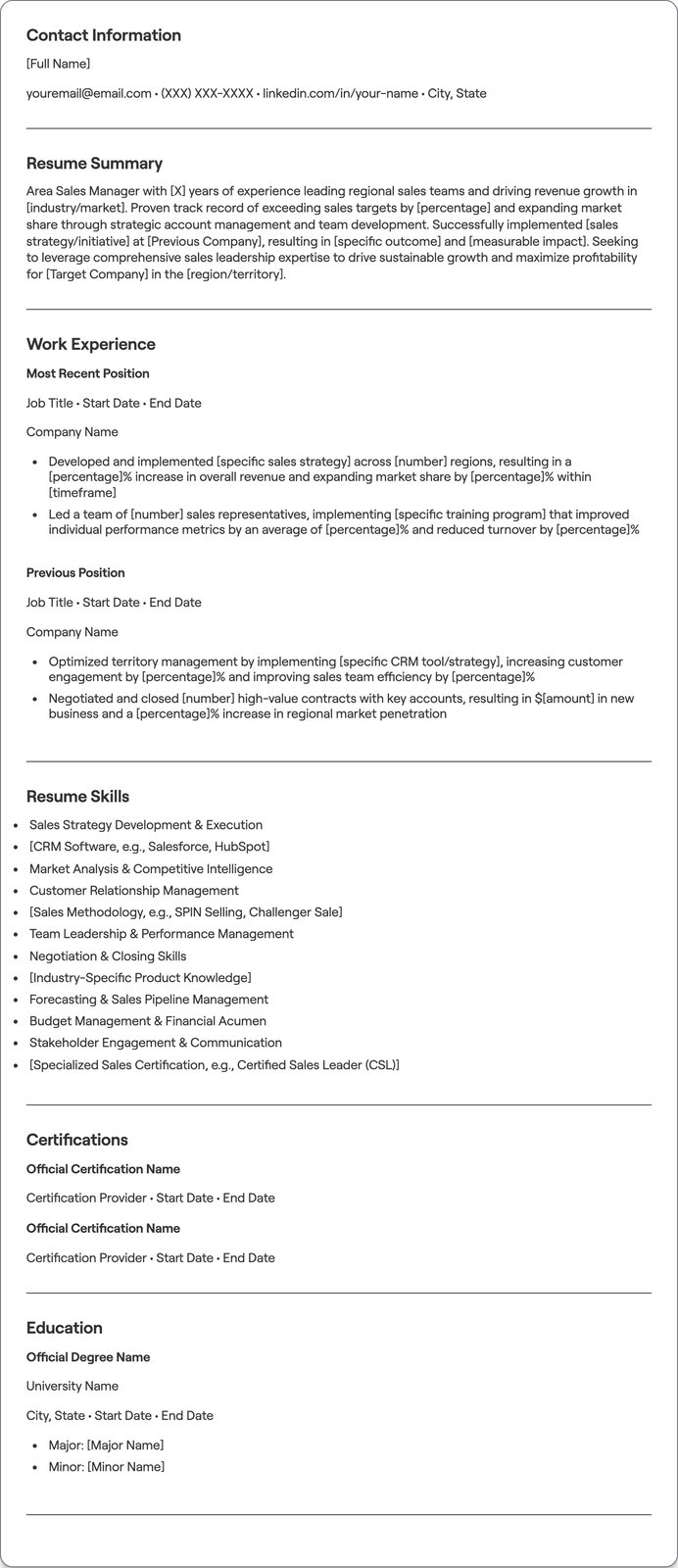 Area Sales Manager resume example