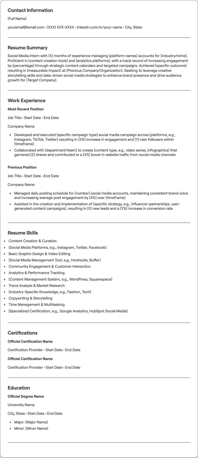 Social Media Intern resume example