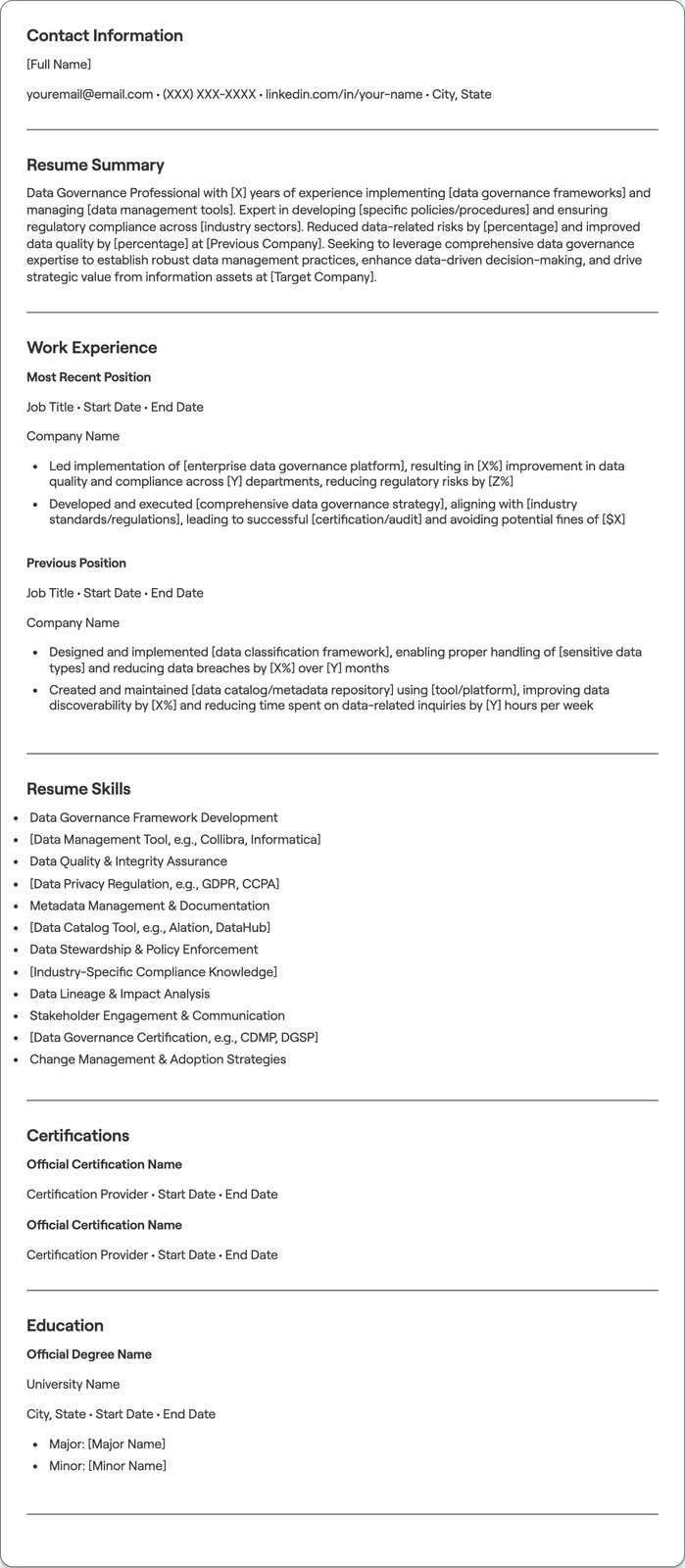 Data Governance resume example