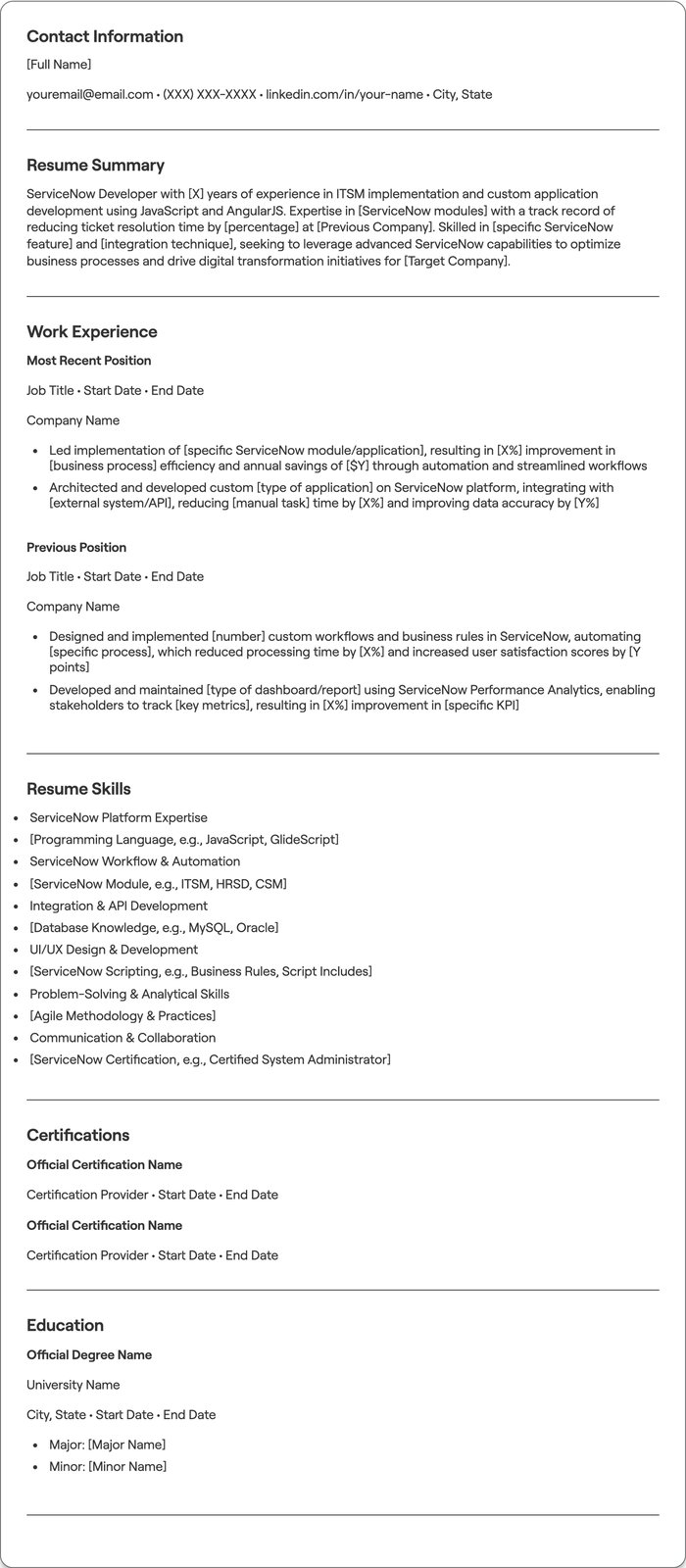 ServiceNow Developer resume example