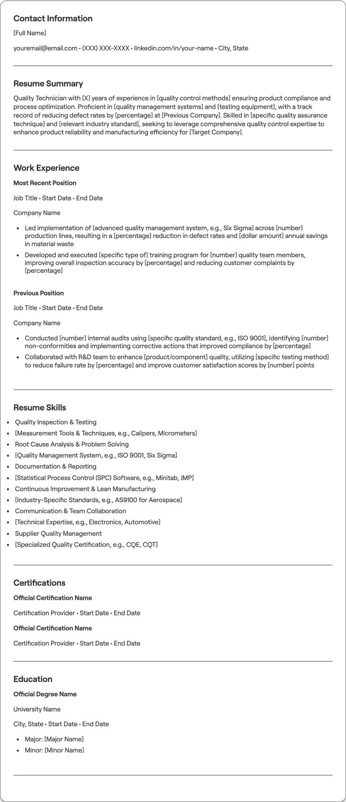 Quality Technician resume example