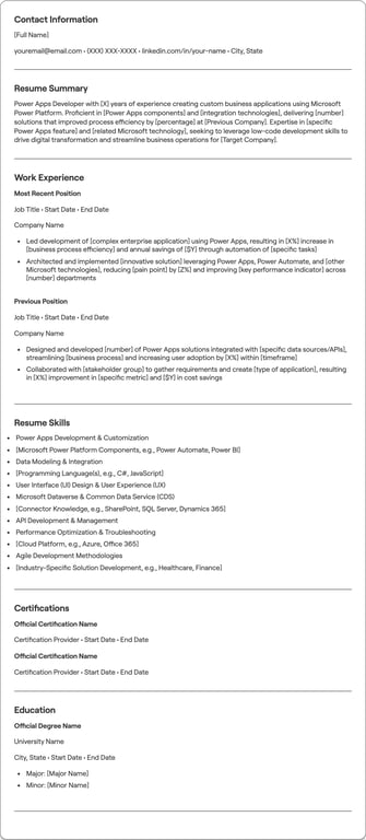 PowerApps Developer resume preview