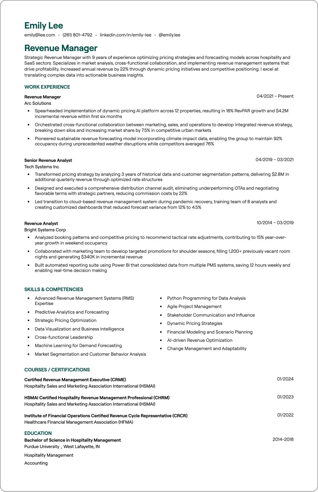 Revenue Manager resume example