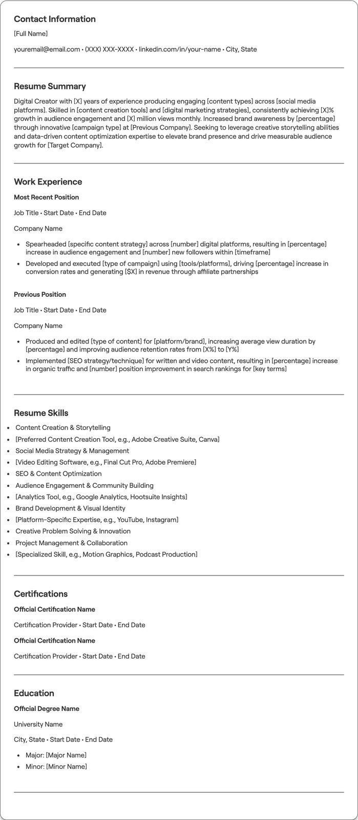Digital Creator resume example