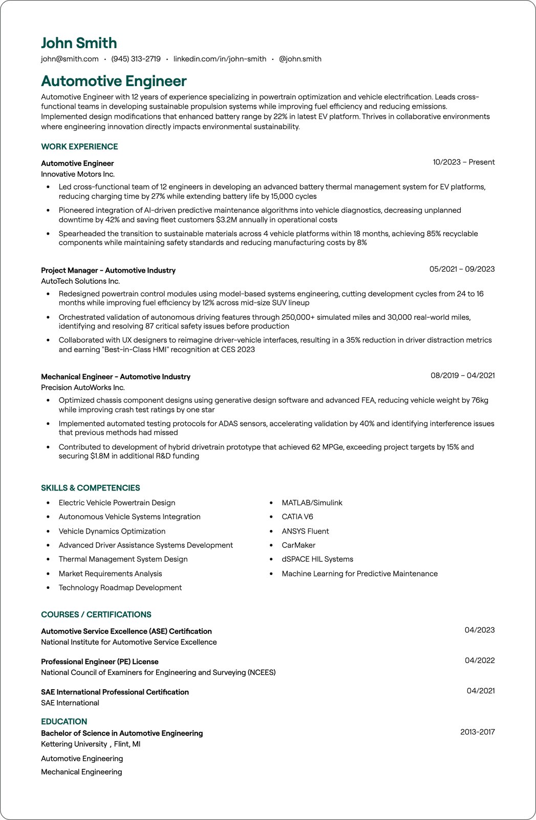 Tier 1 Automotive Engineer resume example