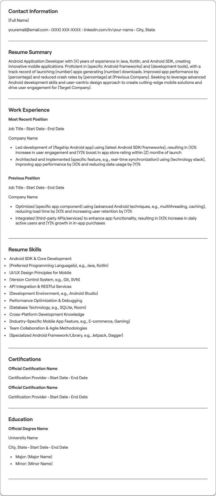 Android Application Developer resume example