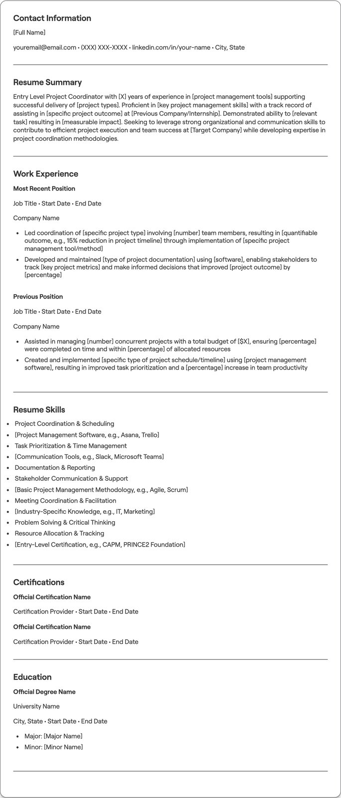 Entry Level Project Coordinator resume example