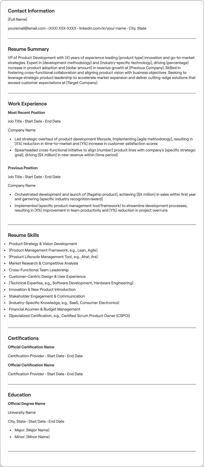 VP of Product Development resume example