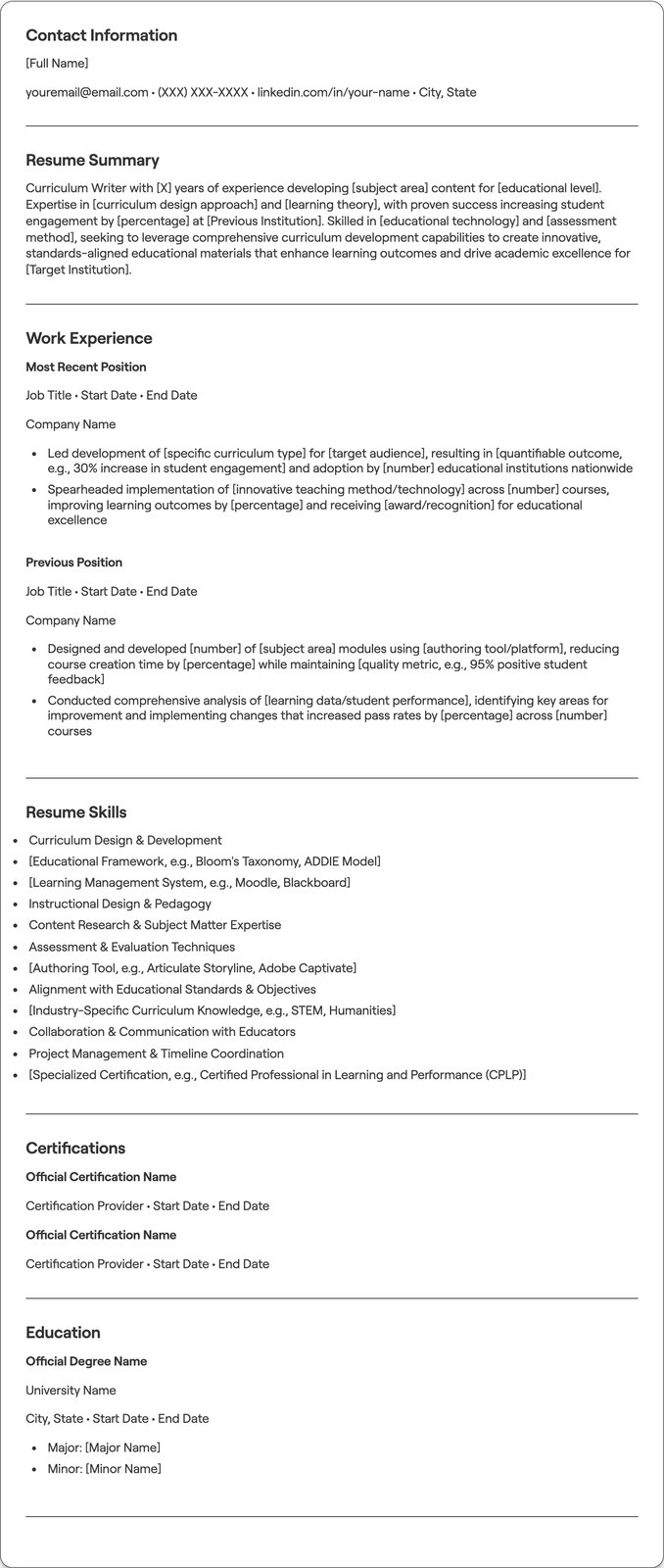 Curriculum Writer resume example