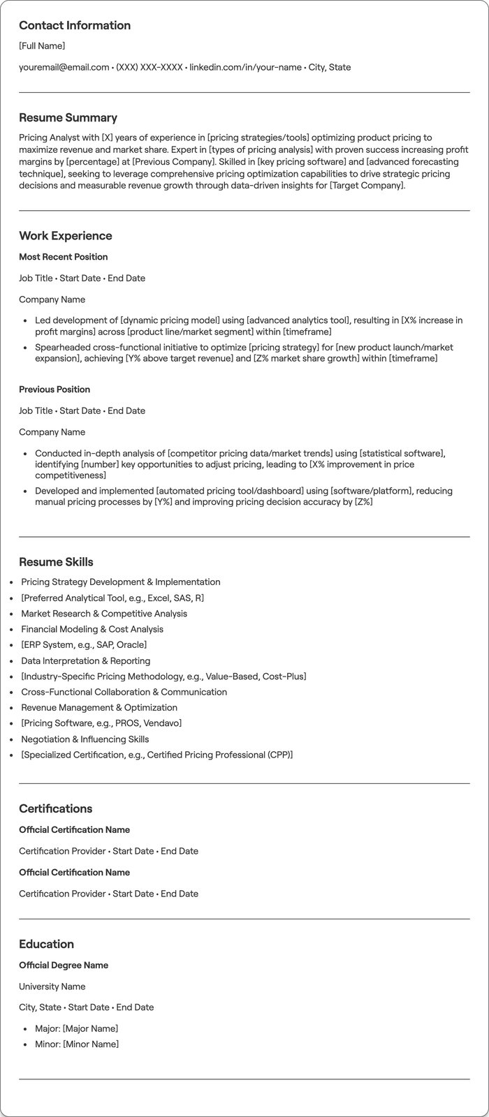 Pricing Analyst resume example