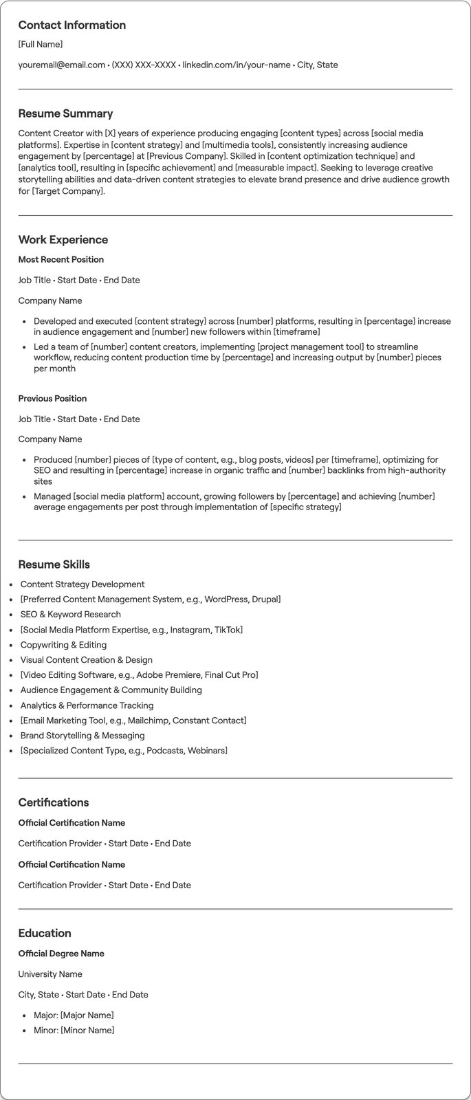 Content Creator resume example