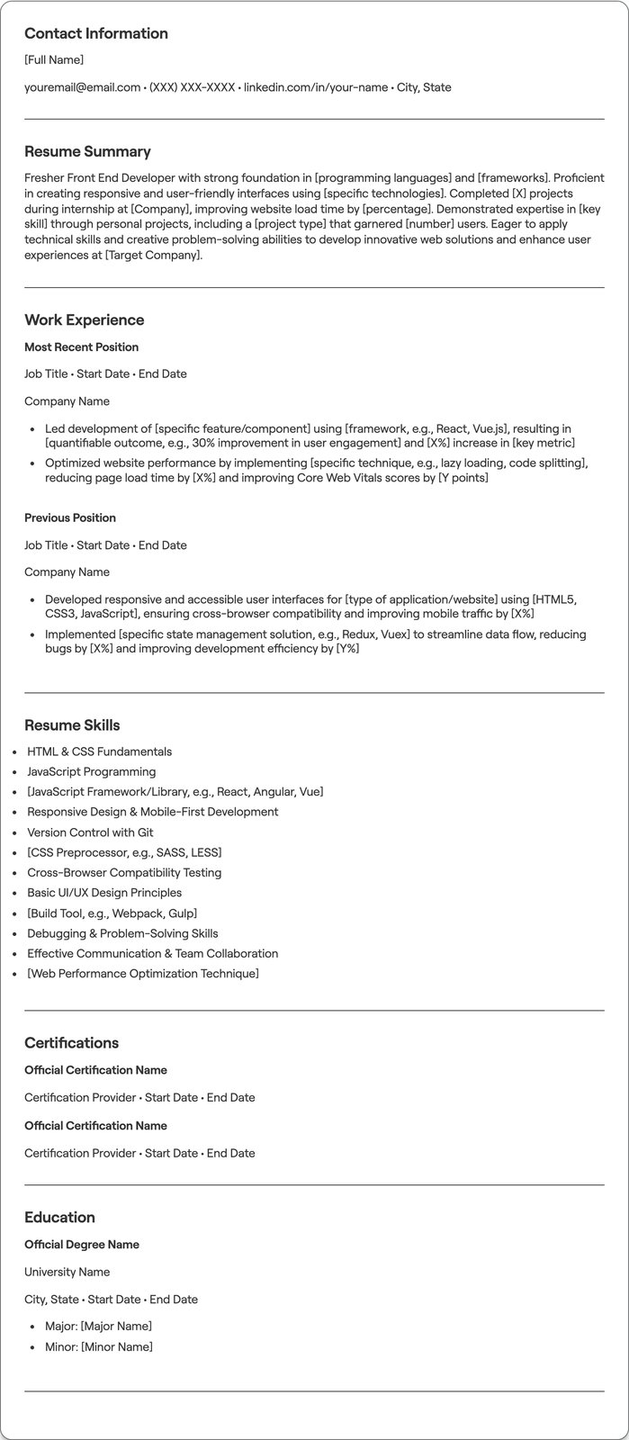 Fresher Front End Developer resume example