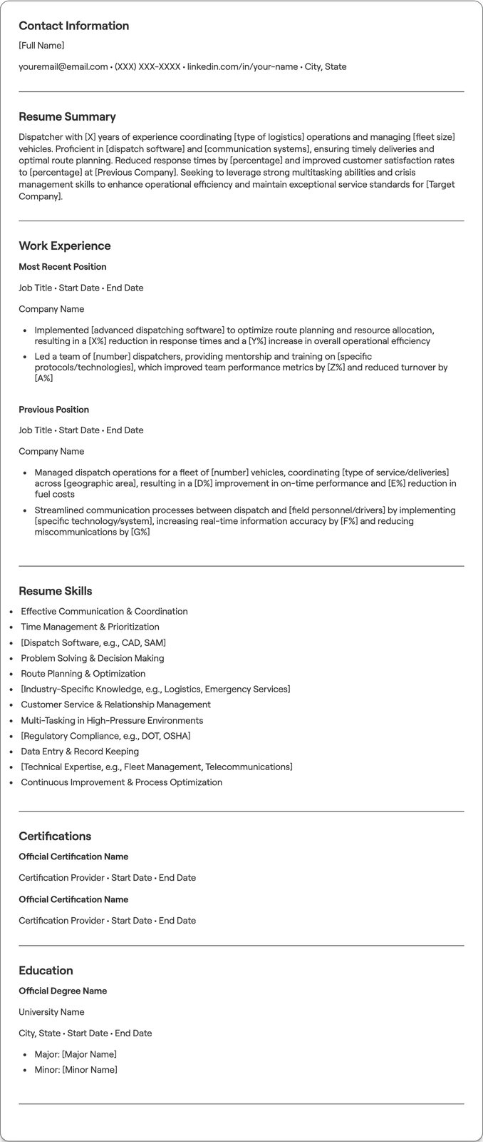 Dispatcher resume example