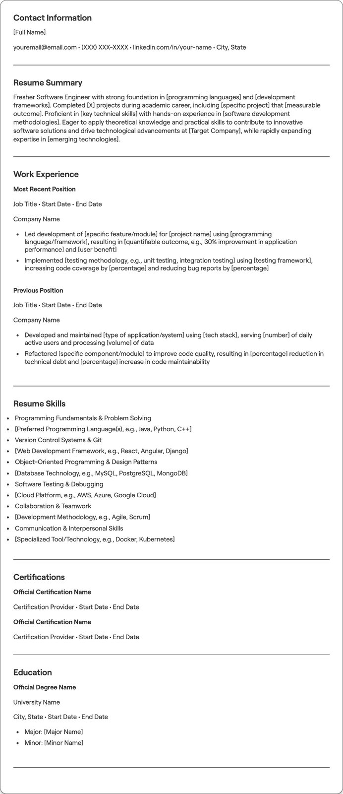 Fresher Software Engineer resume example
