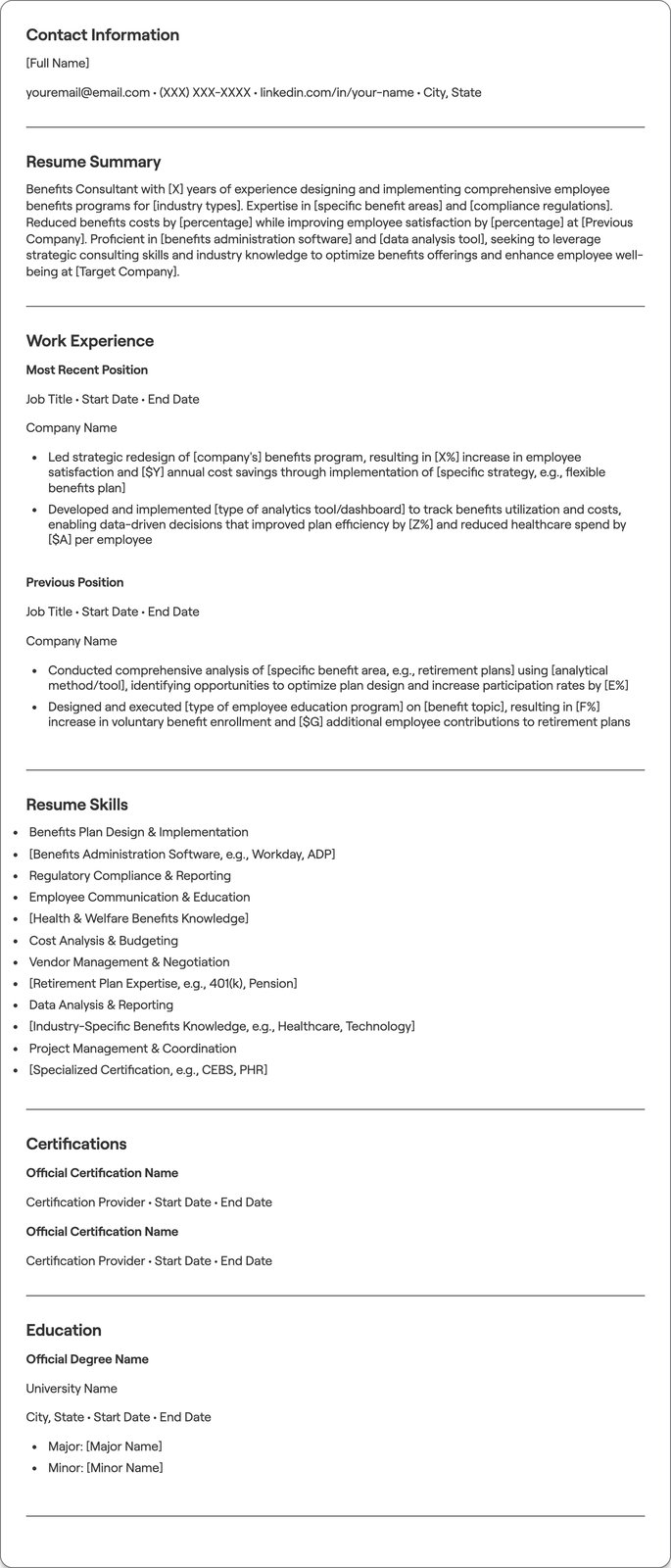 Benefits Consultant resume example