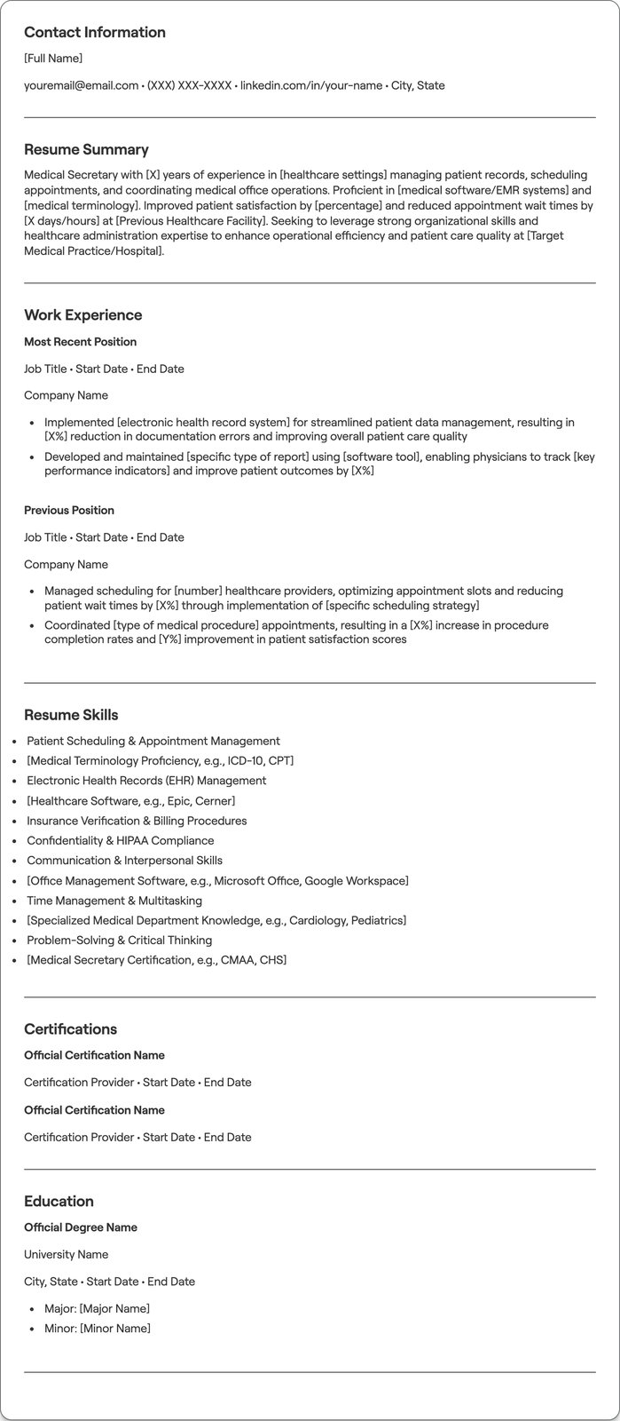 Medical Secretary resume example
