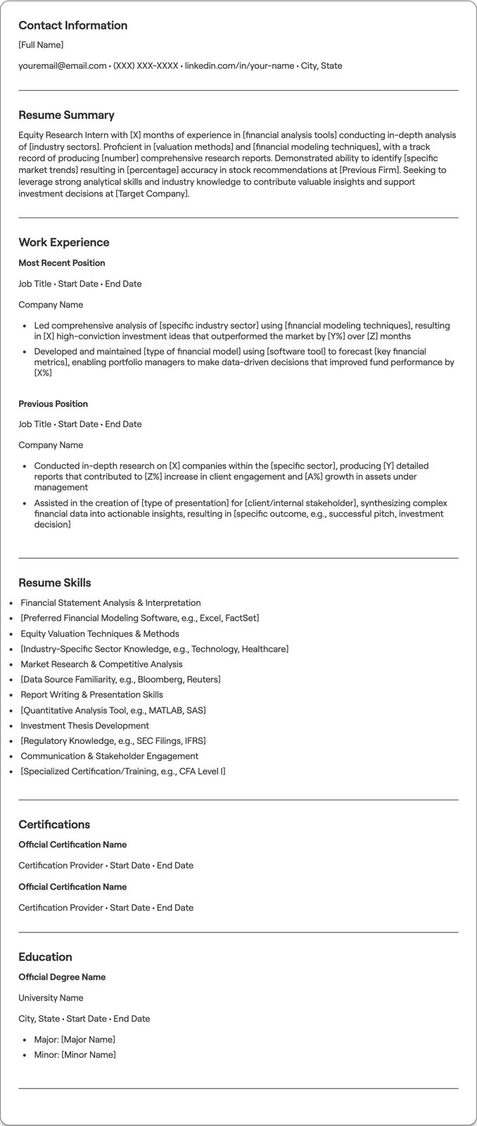 Equity Research Intern resume example