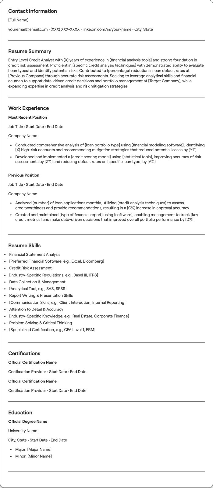 Entry Level Credit Analyst resume example