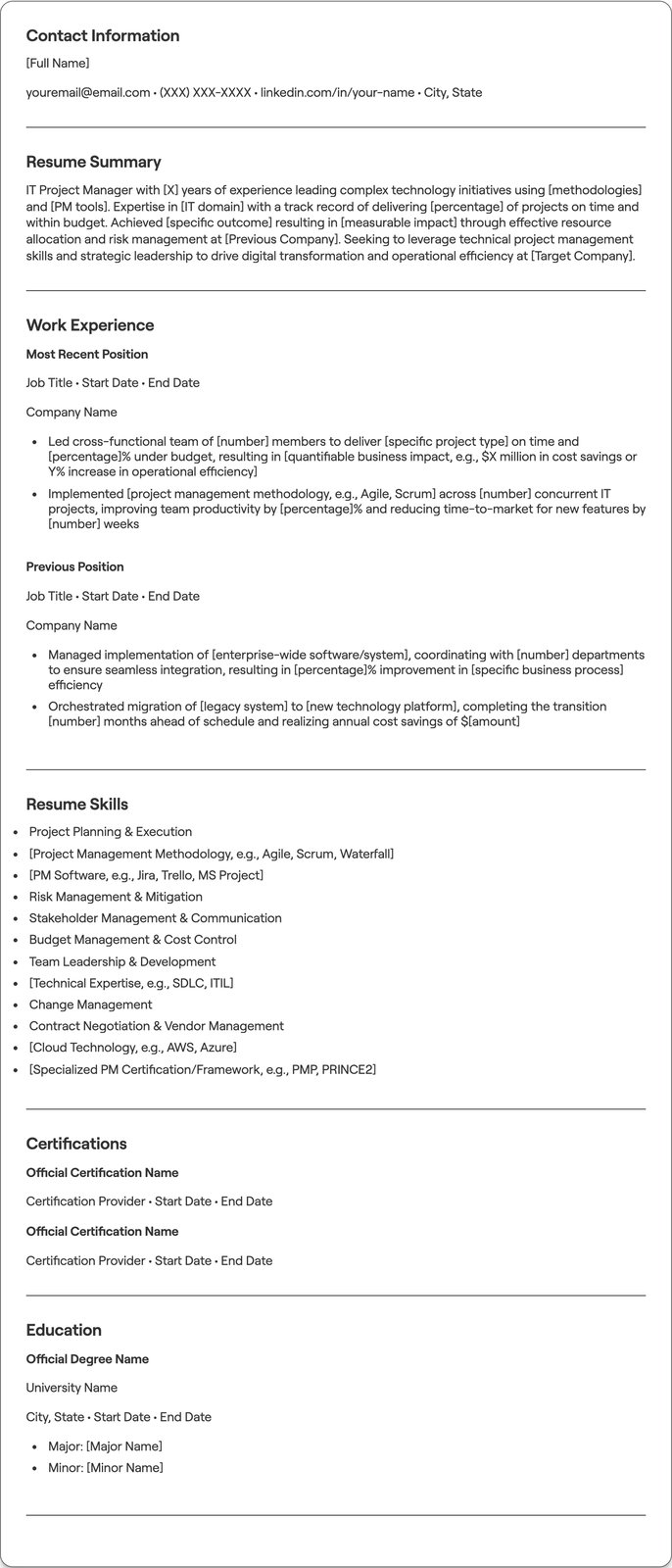 IT Project Manager resume example