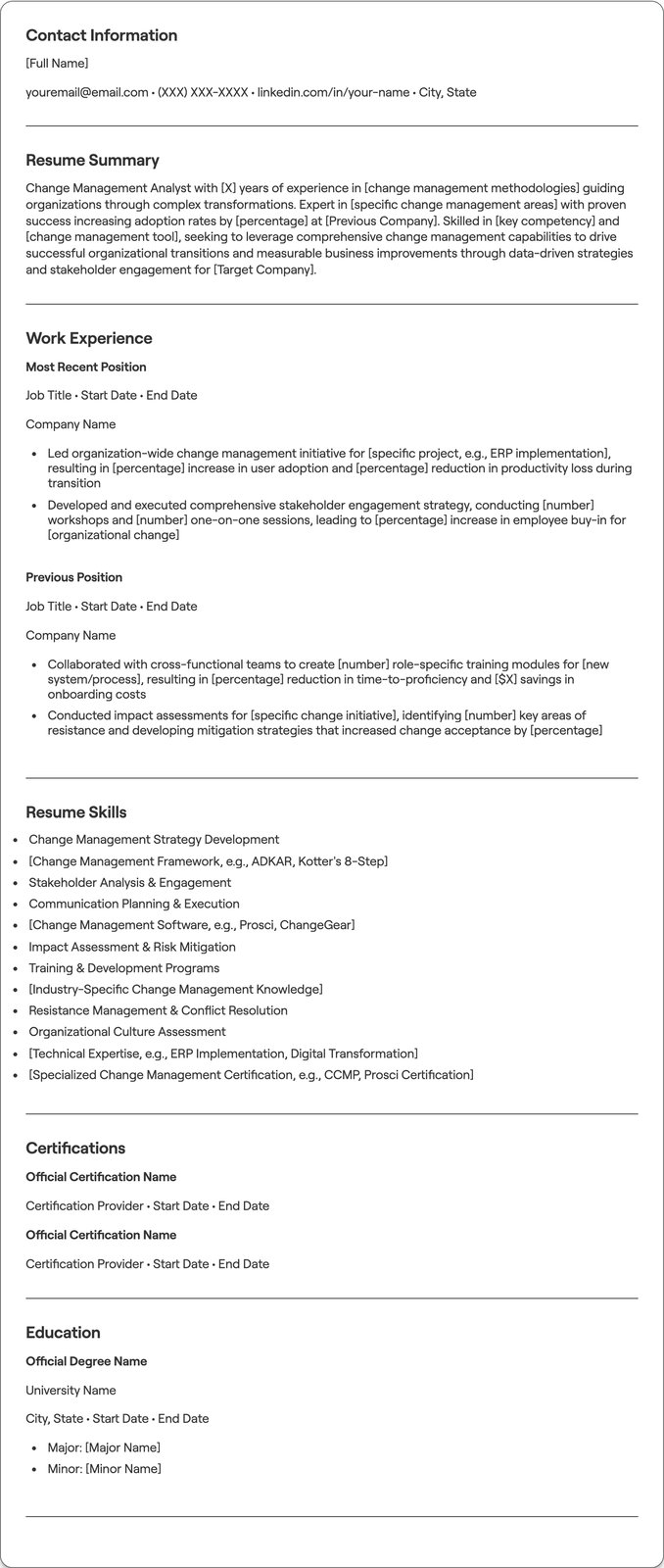 Change Management Analyst resume example