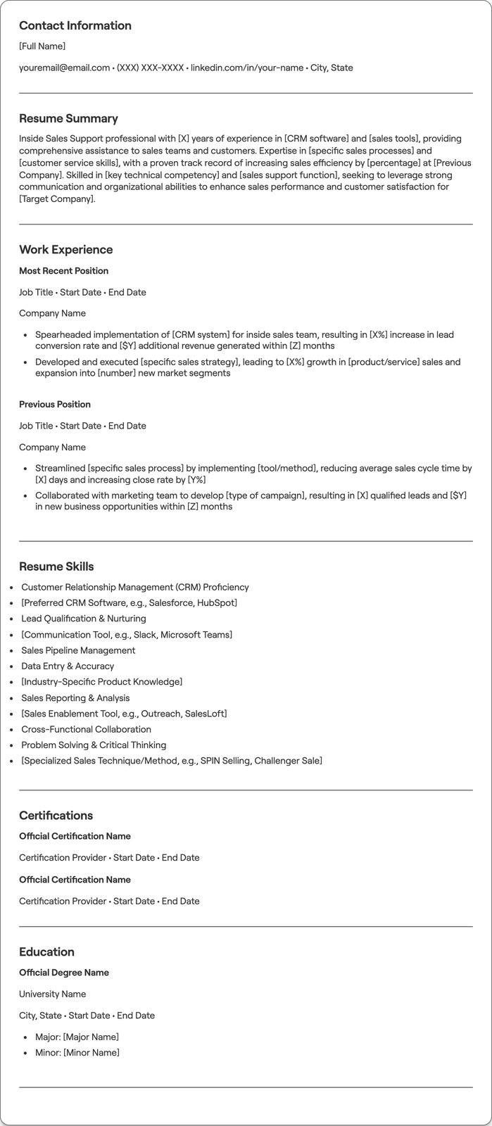 Inside Sales Support resume example