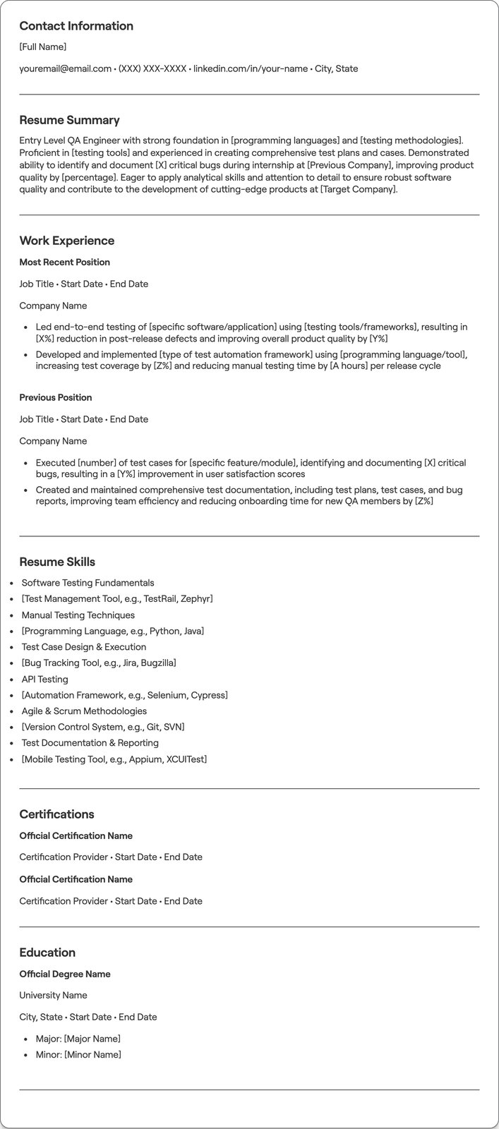Entry Level QA Engineer resume example