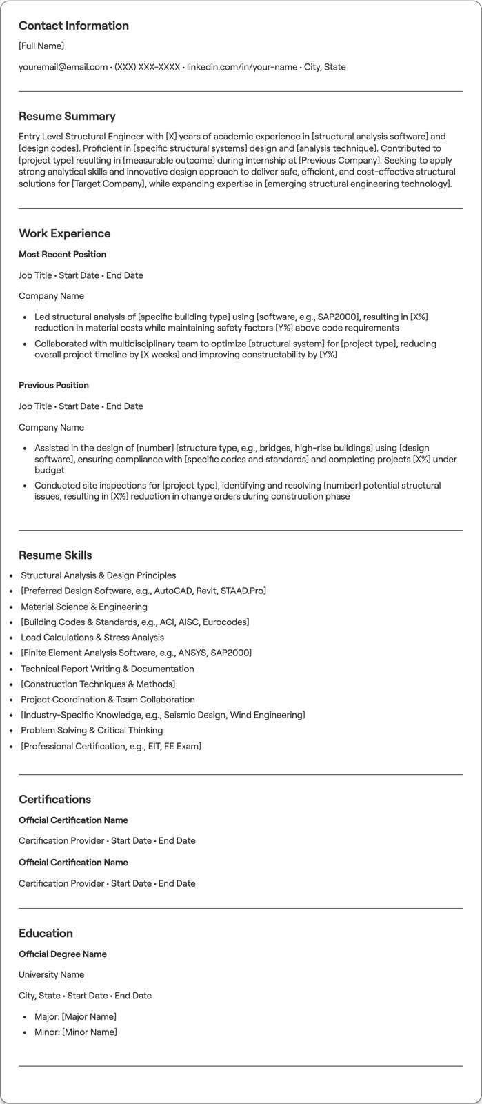 Entry Level Structural Engineer resume example