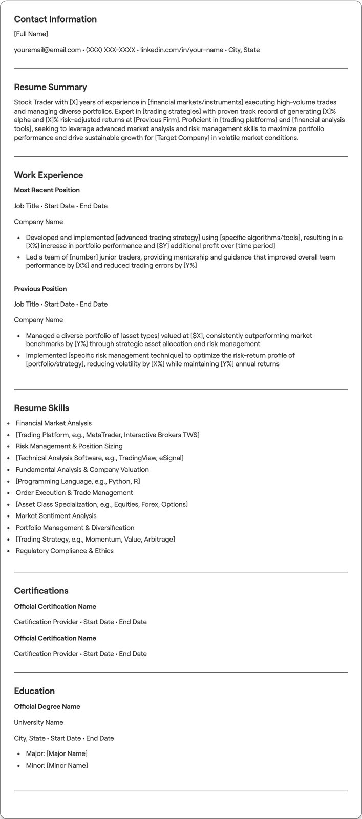 Stock Trader resume example