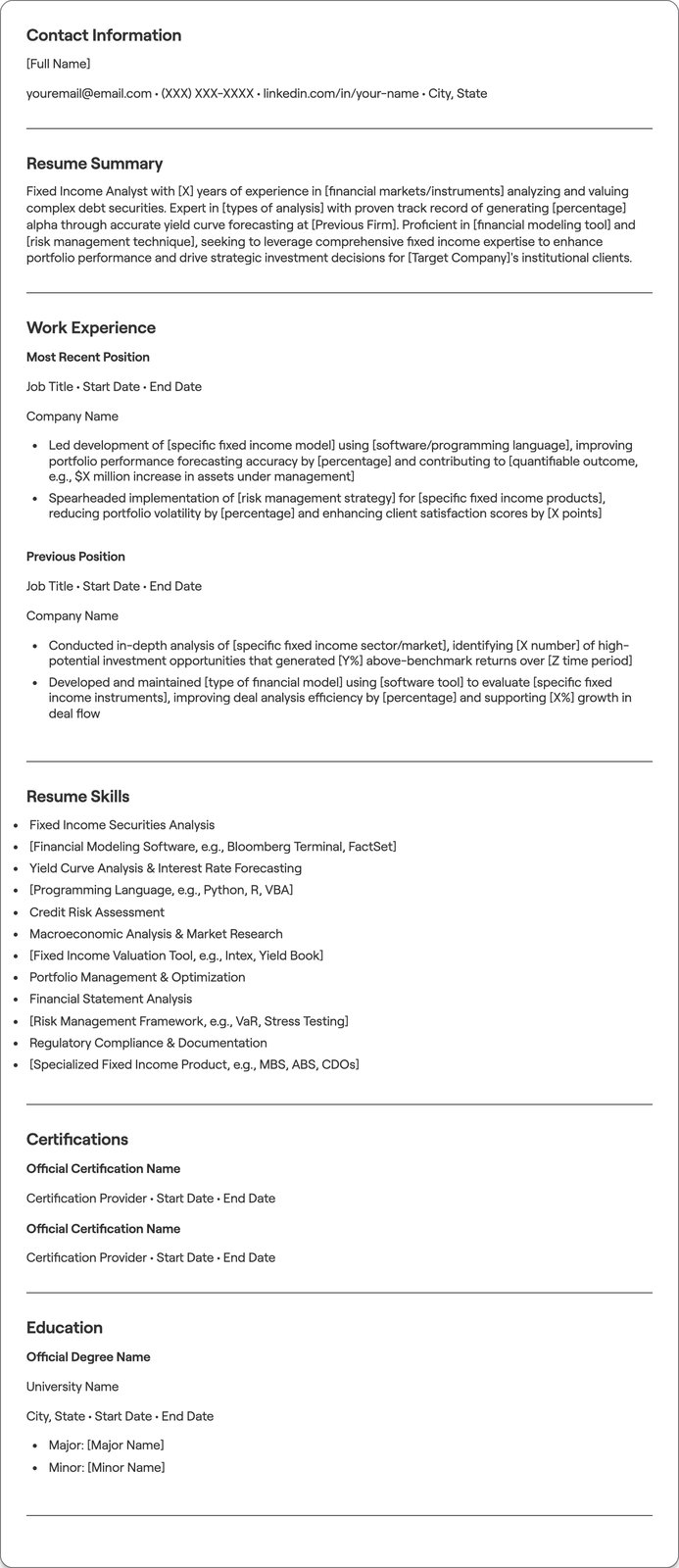 Fixed Income Analyst resume example