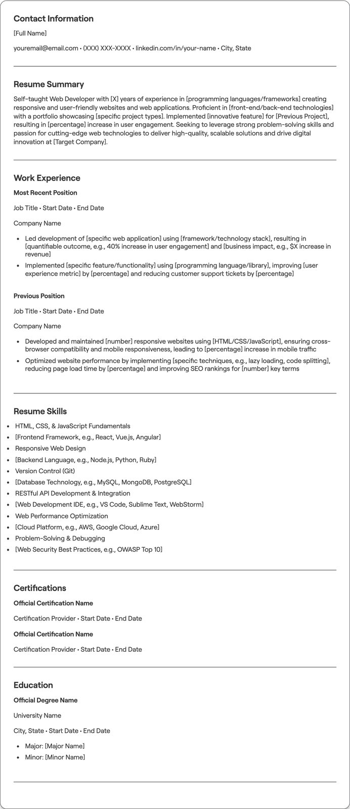 Self Taught Web Developer resume example