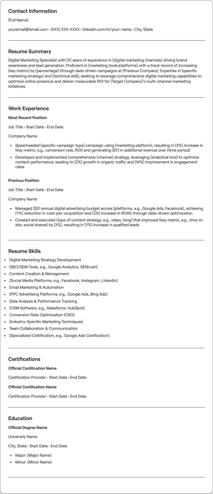 Digital Marketing Specialist resume example