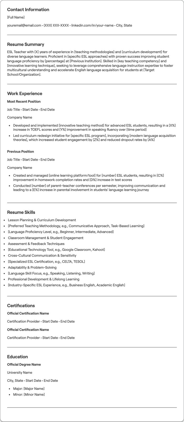 ESL Teacher resume example