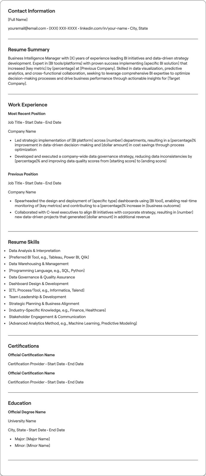 Business Intelligence Manager resume example