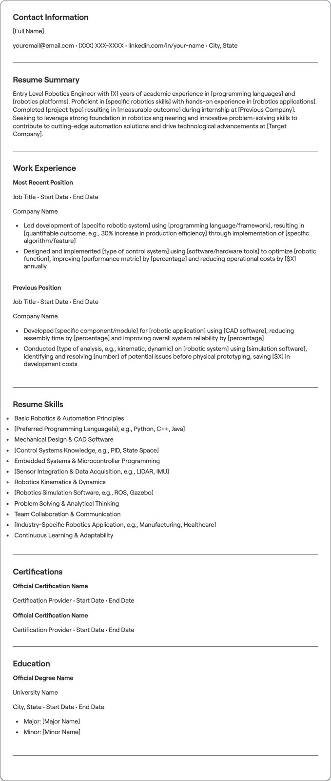 Entry Level Robotics Engineer resume example