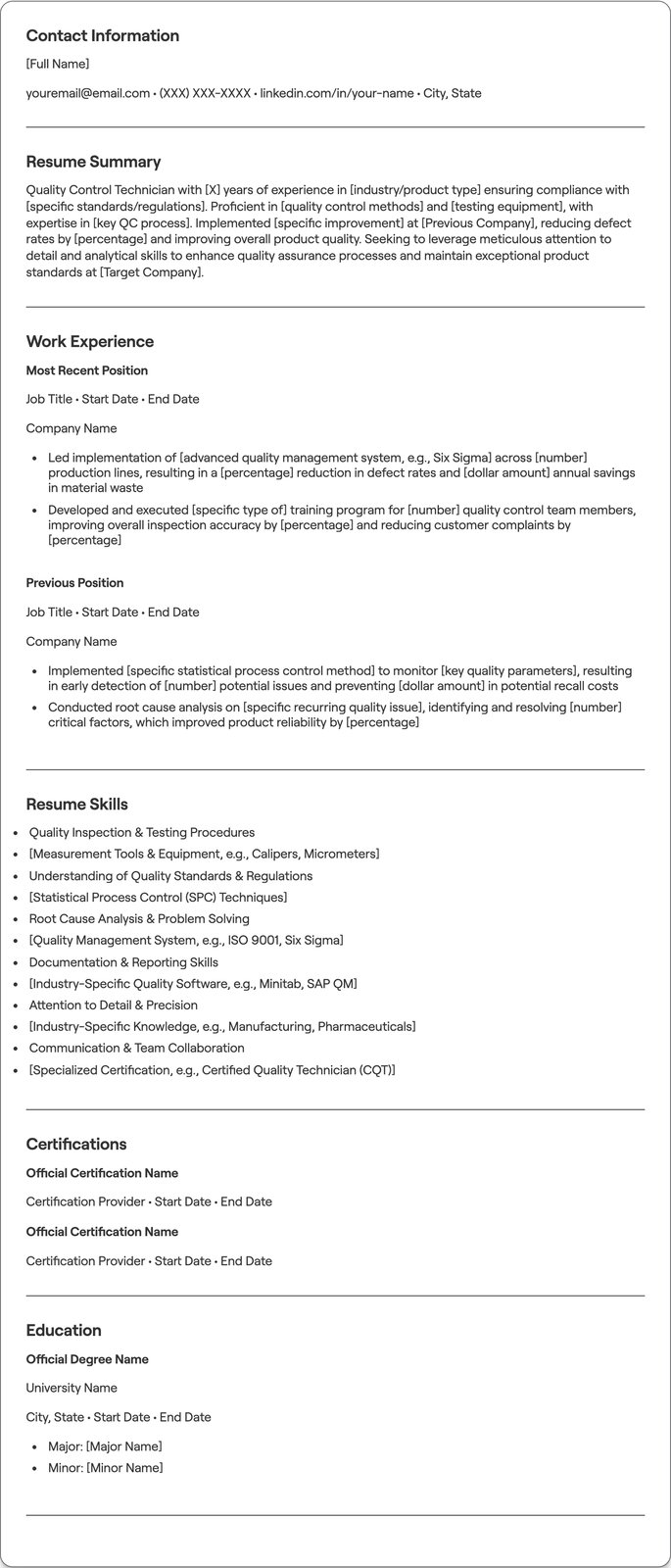 Quality Control Technician resume example